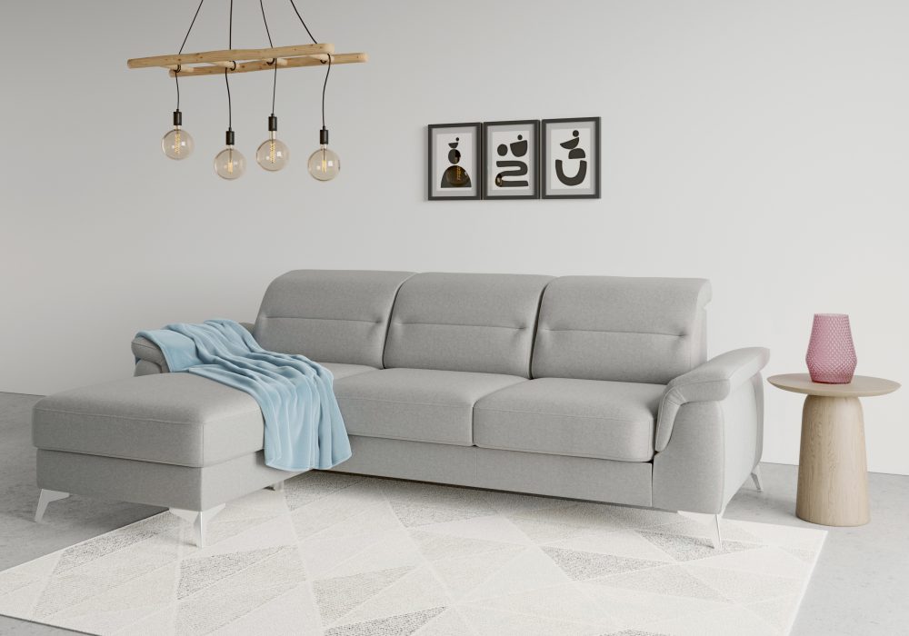 sit&more Ecksofa »Sinatra«, mit Recamiere, optinal mit Kopfteilverstellung und Armteilfunktion oder Kopfteilverstellung, Armteilfunktion, Bettfunktion und Bettkasten, chromfarbene Metallfüsse