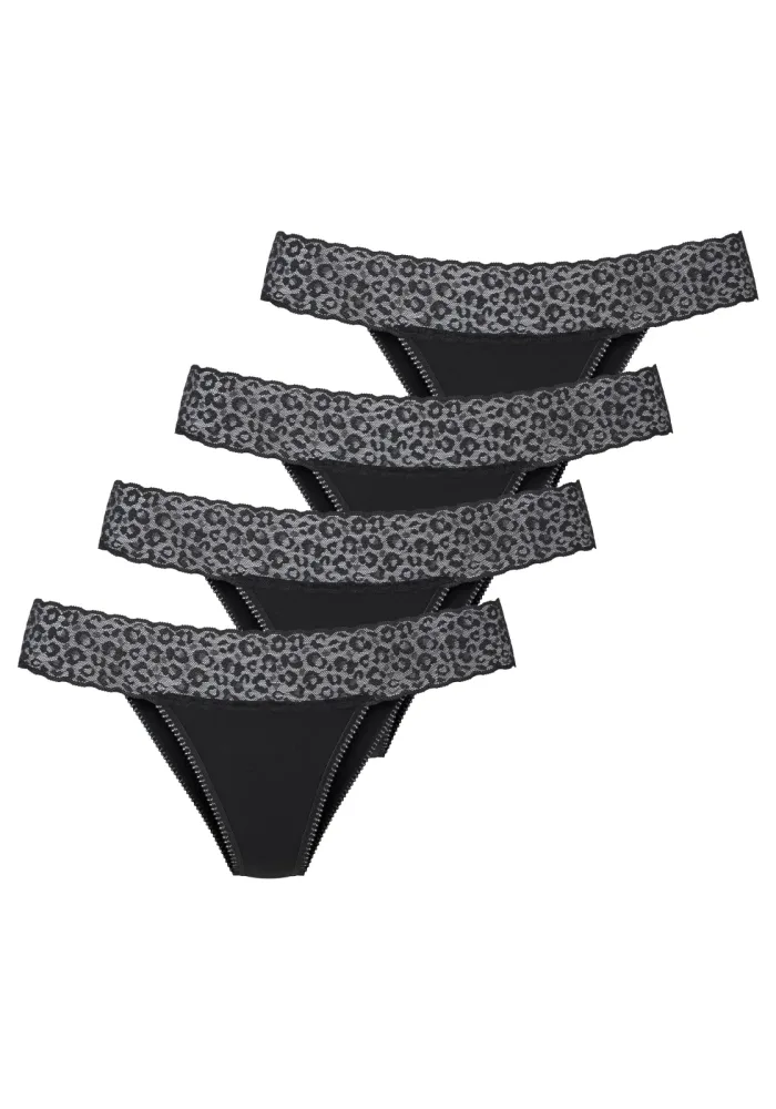 LASCANA Brasilslip 4er Pack, aus elastischer Baumwolle mit Leo-Spitze am Bund