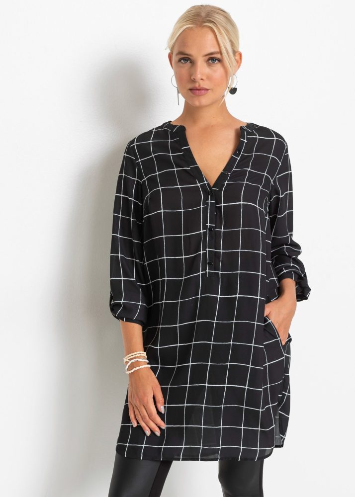 bonprix Longbluse gerade Passform, mit Umlegekragen, mit tiefem V-Ausschnitt