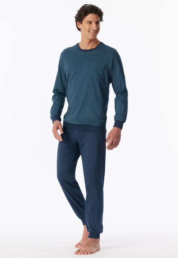 Schiesser Schlafanzug mit Bündchen Blau gemustert - Comfort Essentials für Herren, Größe XXL, 100 % Baumwolle