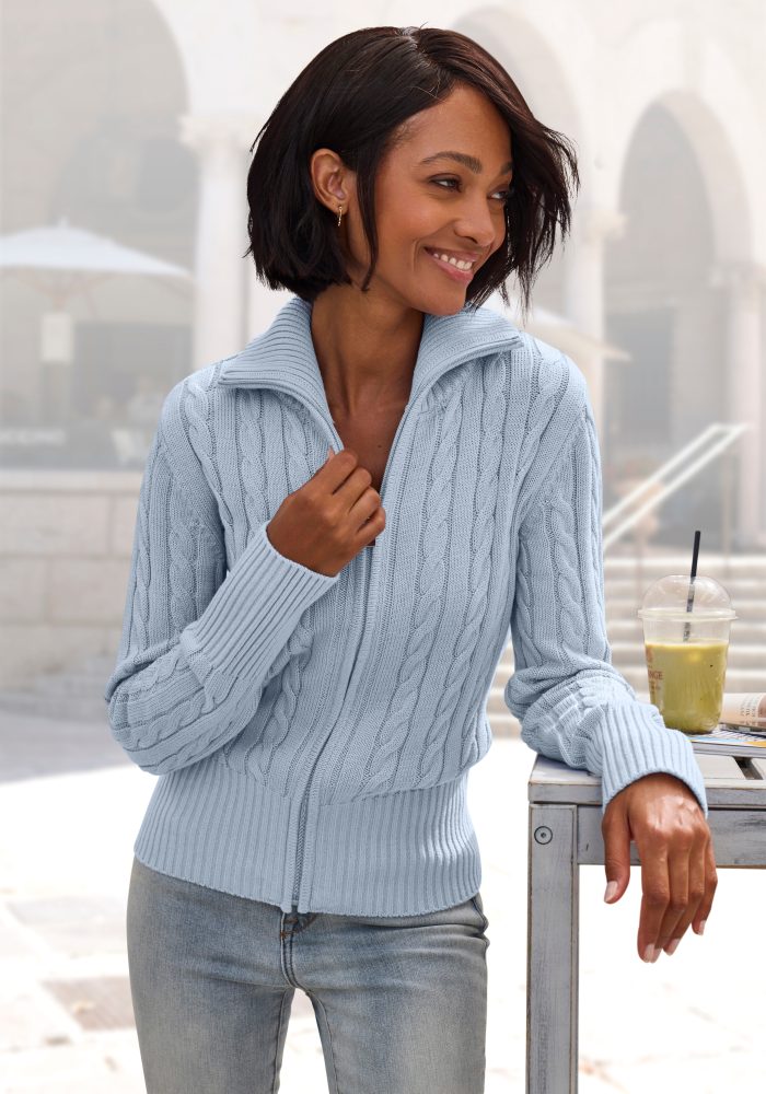 LASCANA Strickjacke mit Zopfstrickmuster, gemütlicher Cardigan mit Reissverschluss