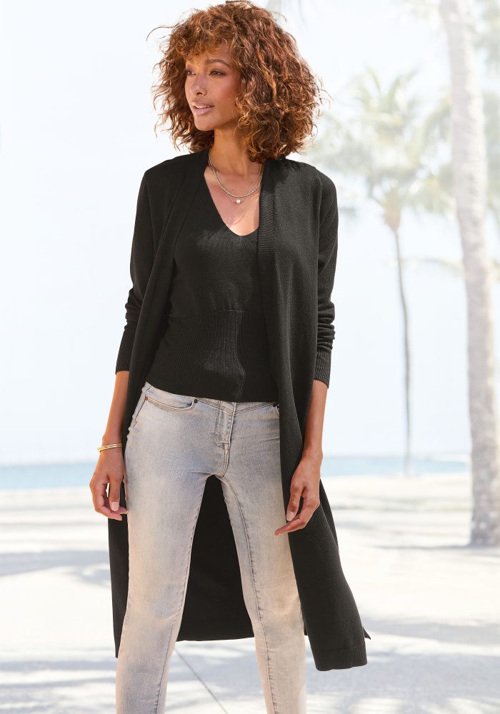 LASCANA Cardigan mit seitlichen Schlitzen, Longstrickjacke aus weichem Rippstrick