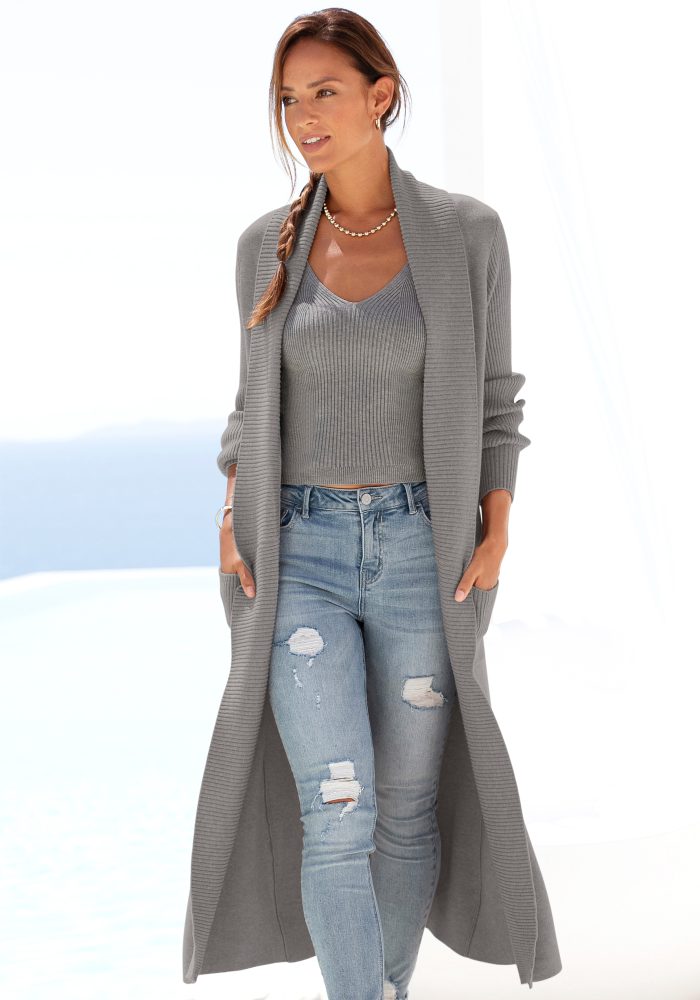 LASCANA Longstrickjacke mit Rippstrickdetails und Taschen, lässiger Strickmantel