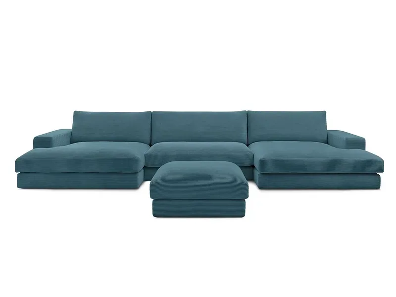 Panorama-Ecksofa mit Hocker BOBOCHIC LEONARD Cord-Stoff hellblau