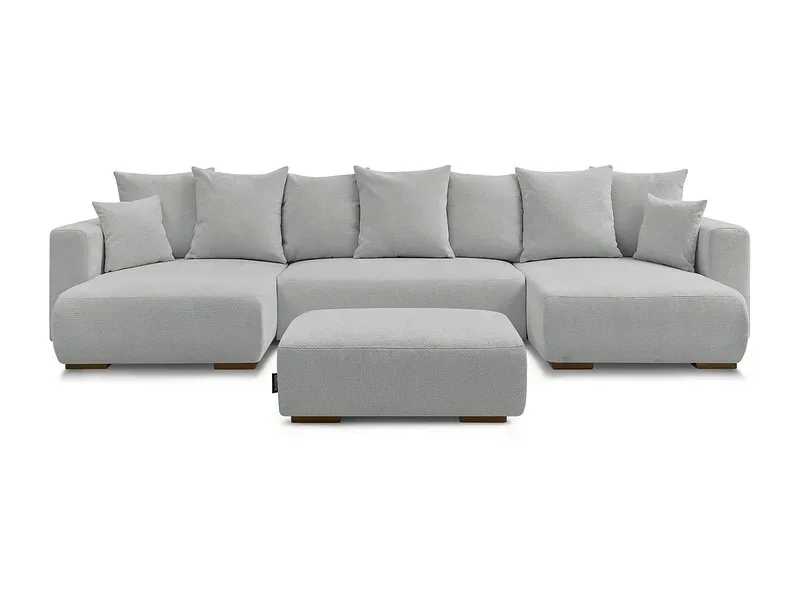 Panorama-Ecksofa mit Hocker BOBOCHIC SIDONIE Stoff chiniert hellgrau