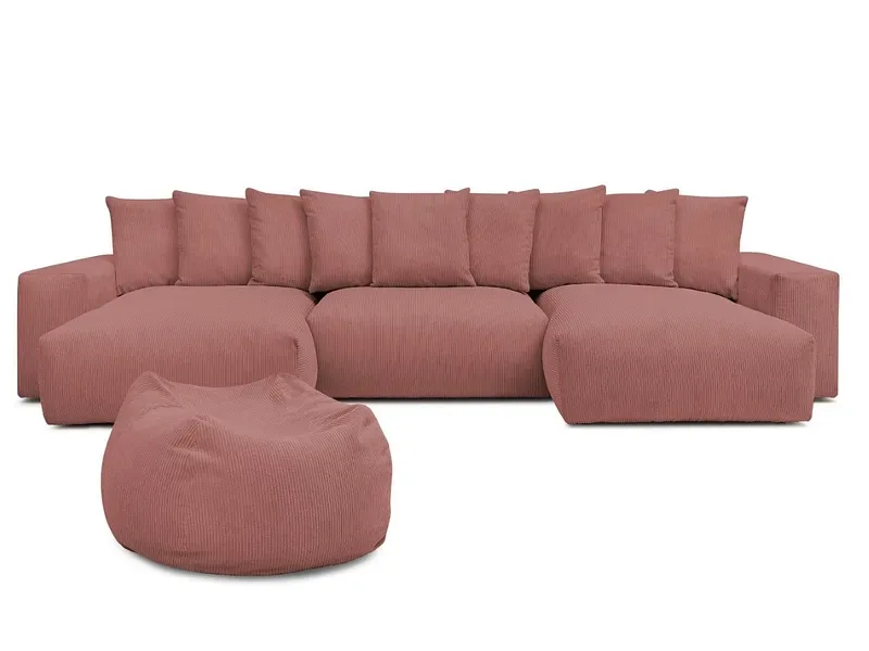 Panorama-Ecksofa mit Hocker BOBOCHIC VOLTAIRE Cord-Stoff rosa