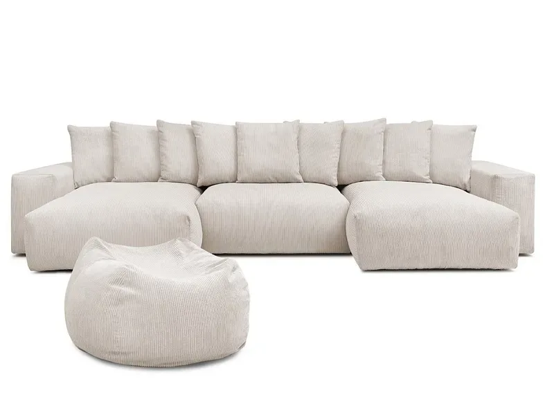 Panorama-Ecksofa mit Hocker BOBOCHIC VOLTAIRE Cord-Stoff beige
