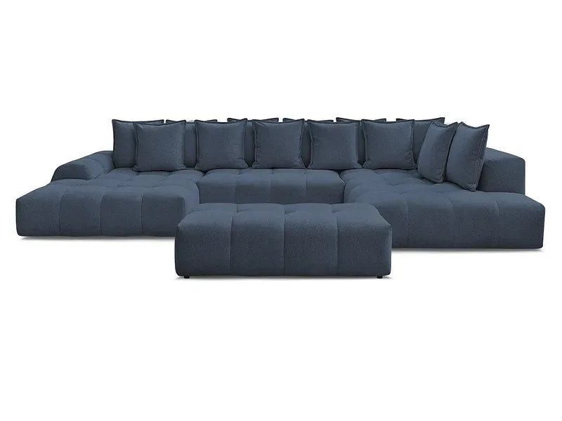 Panorama-Ecksofa mit Hocker BOBOCHIC EVEREST Stoff chiniert dunkelblau