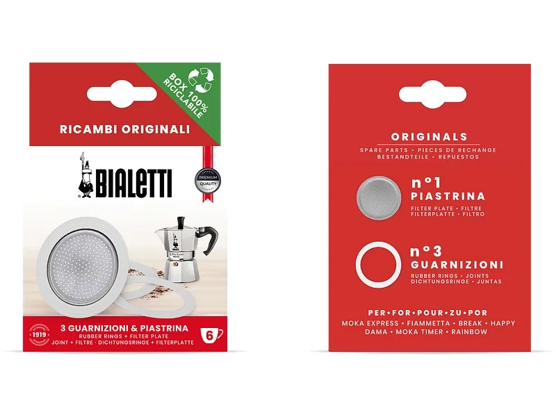 Bialetti - Set: Filter und 3 Dichtungen, 71 mm, Chrom