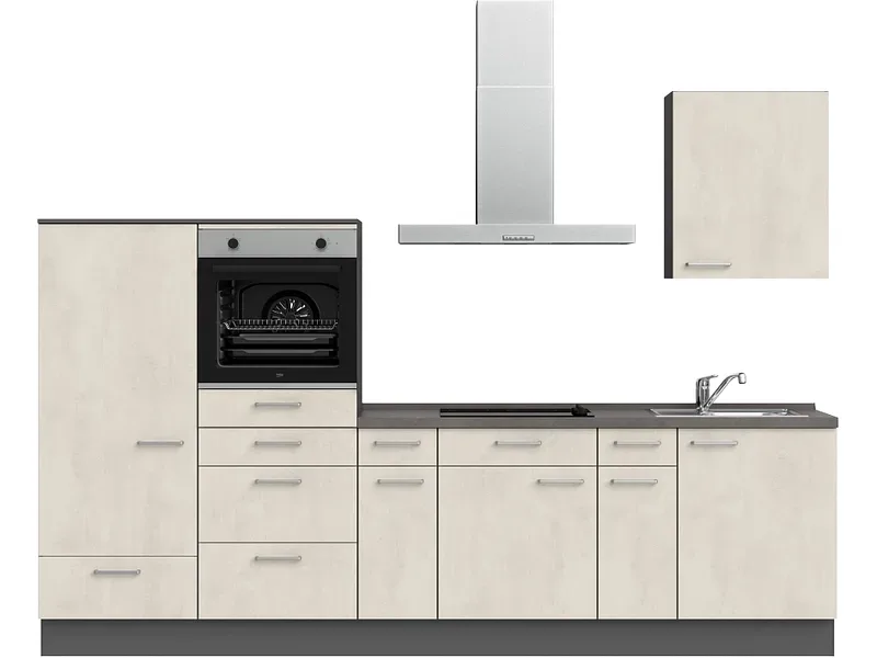Komplette Küche mit Elektrogeräten MODUSET RIVA CLASSIC Weissbeton 60x300cm