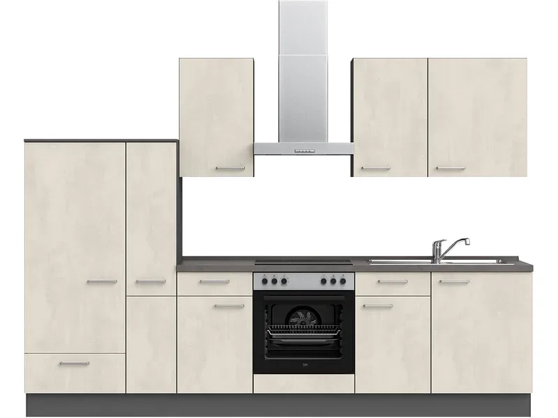 Komplette Küche mit Elektrogeräten MODUSET RIVA CLASSIC Weissbeton 60x300cm