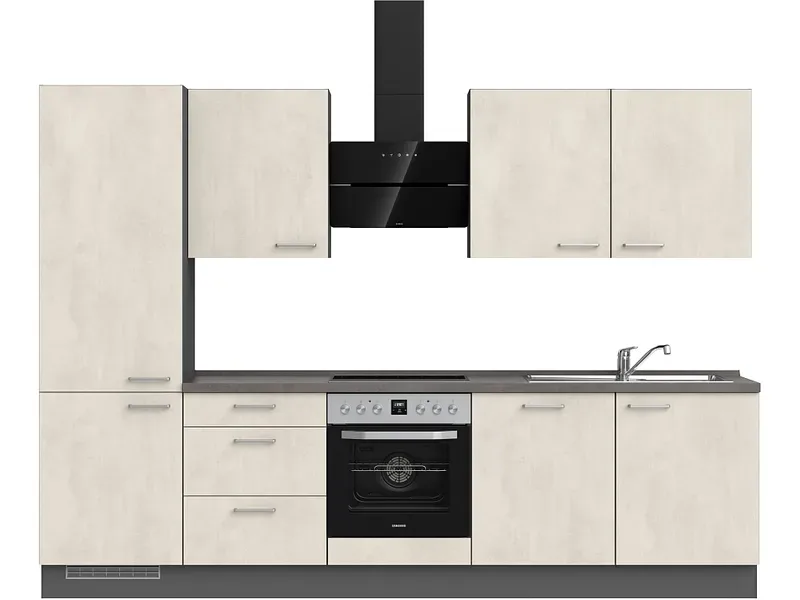 Komplette Küche mit Elektrogeräten MODUSET RIVA PREMIUM Weissbeton 60x300cm