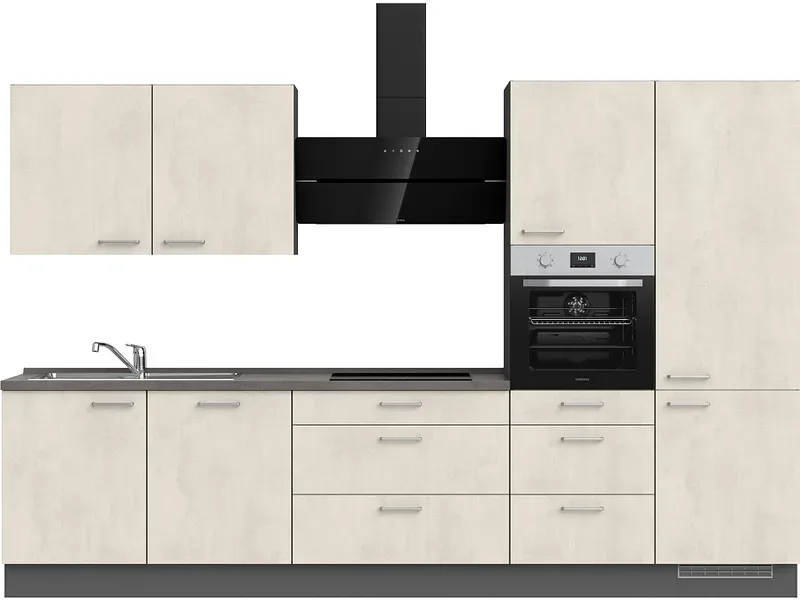 Komplette Küche MODUSET RIVA PREMIUM Weissbeton 60x360cm