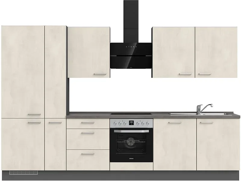 Komplette Küche MODUSET RIVA PREMIUM Weissbeton 60x330cm