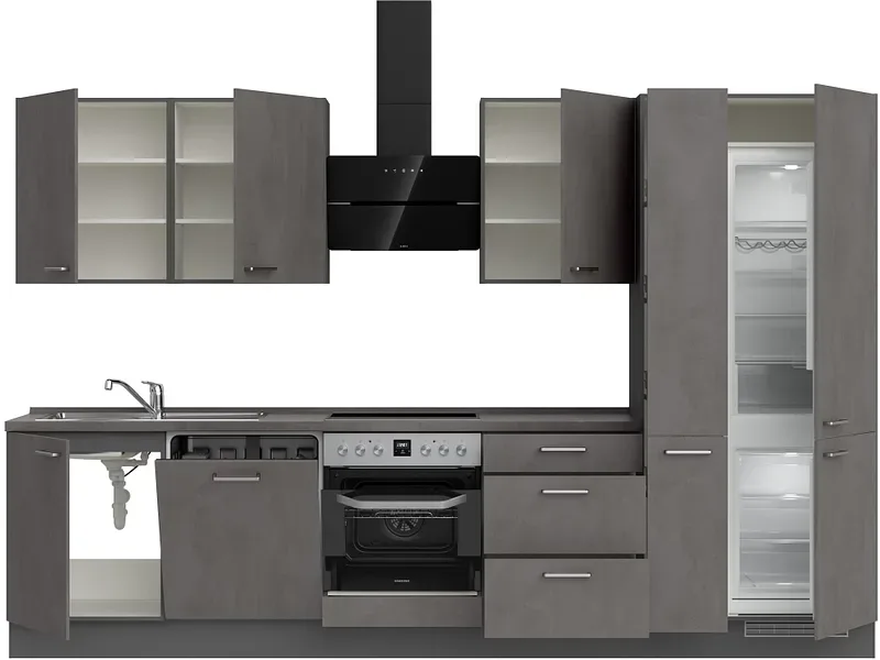 Komplette Küche MODUSET RIVA PREMIUM Beton Schiefergrau 60x330cm