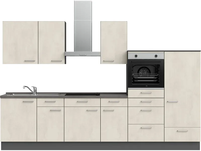 Komplette Küche mit Elektrogeräten MODUSET RIVA CLASSIC Weissbeton 60x330cm