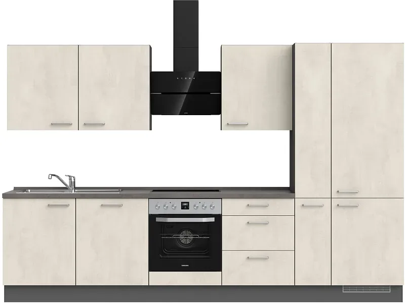 Komplette Küche mit Elektrogeräten MODUSET RIVA PREMIUM Weissbeton 60x330cm