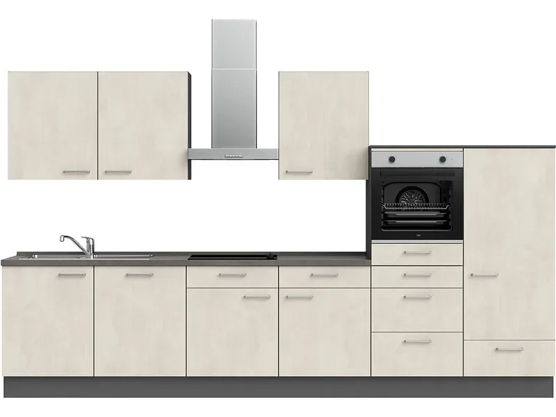 Komplette Küche mit Elektrogeräten MODUSET RIVA CLASSIC Weissbeton 60x360cm