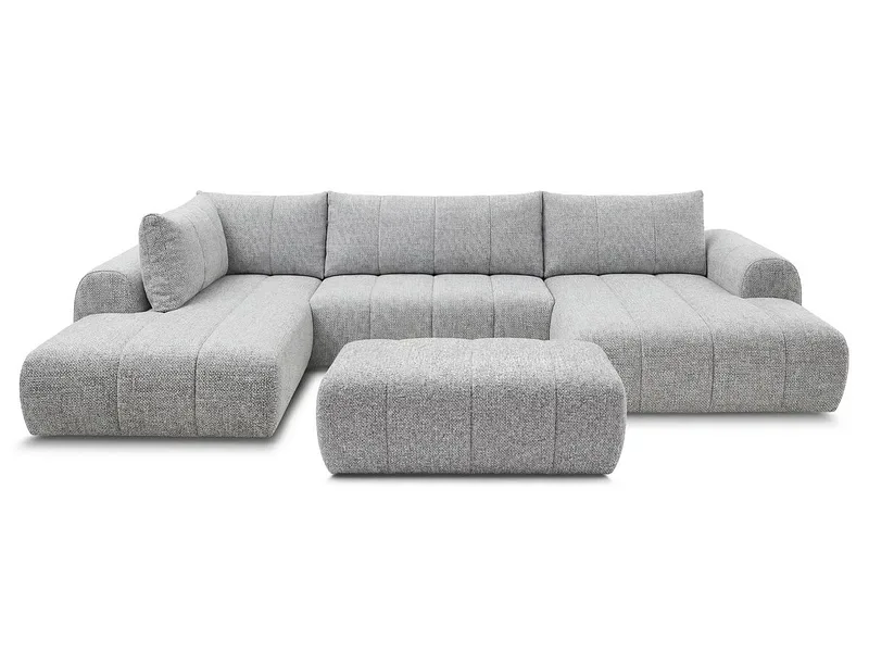 Panorama-Ecksofa mit Hocker BOBOCHIC NESTY Stoff chiniert hellgrau