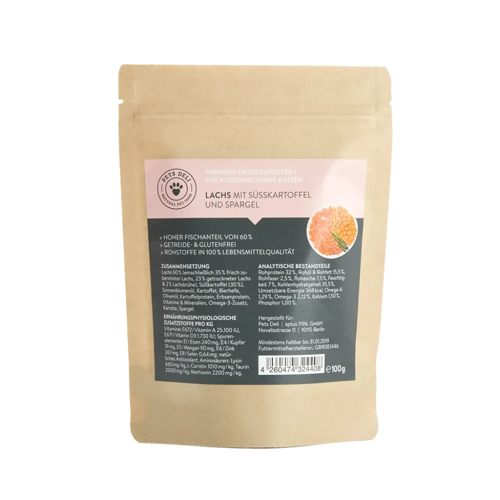 Trockenfutter Futterprobe Lachs mit Süßkartoffel und Spargel Sensitiv für Katzen - 100g