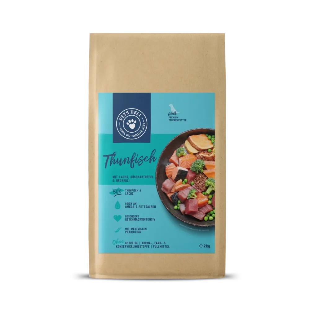 Trockenfutter Thunfisch & Lachs mit Süßkartoffel und Brokkoli für Hunde - 2kg