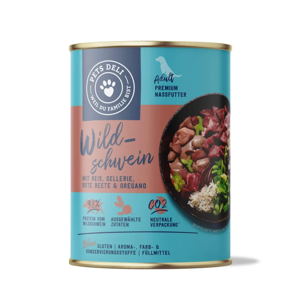 Nassfutter Wildschwein mit Reis, Sellerie, Rote Bete und Oregano für Hunde - 6x200g