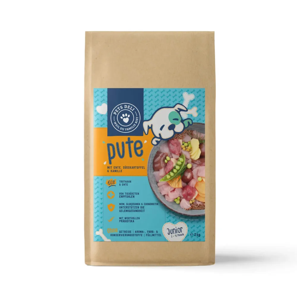 Trockenfutter Junior Pute mit Ente, Süßkartoffel, Blaubeere & Kamille für Hunde - 6kg