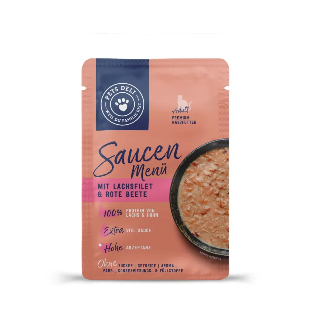 Nassfutter Saucen Menü Lachsfilet und rote Beete für Katzen - 70g / 12er Pack