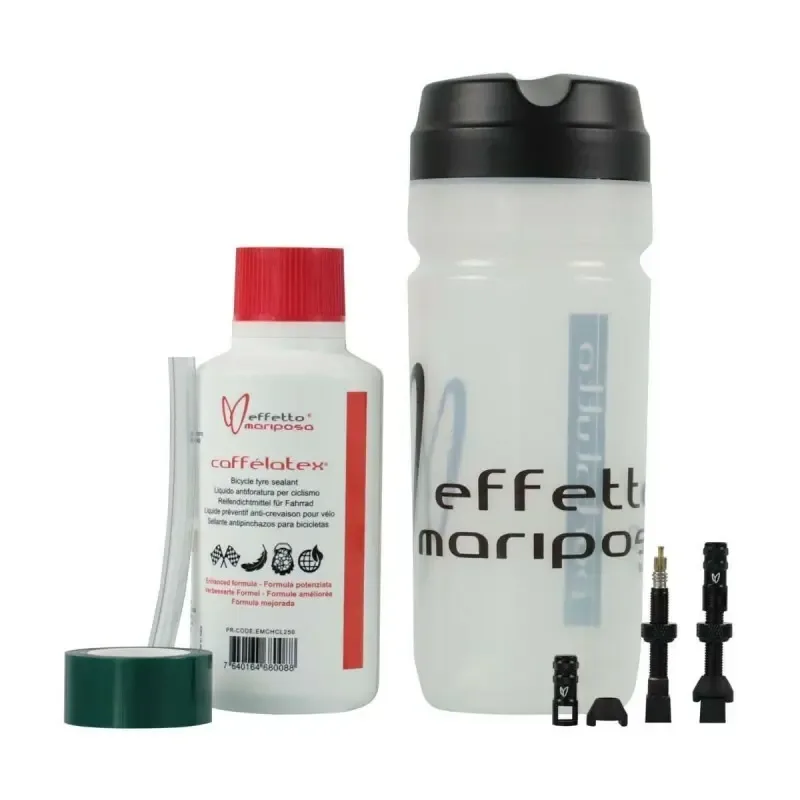 Präventives Tubeless-Kit 250ml + Felgenband plus l + Ventile, für 2 Räder Effetto Mariposa tubeless caffélatex Plus L