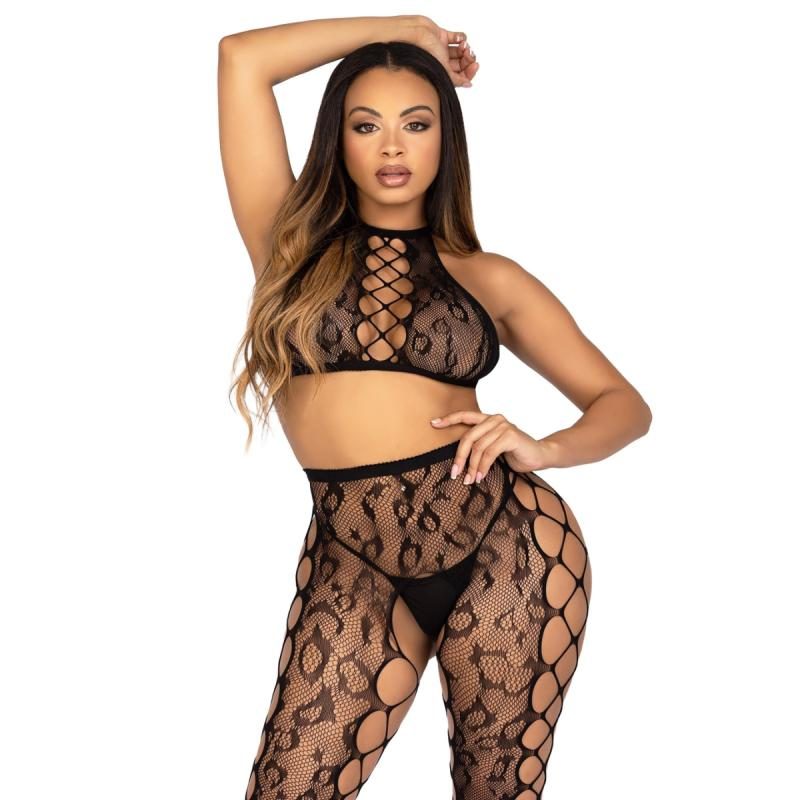 Leg Avenue - Crop Top und Offene Schritt Strumpfhose - Schwarz