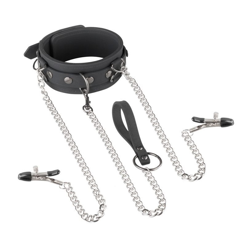 Kunstlederhalsband mit Kette und Nippelklemmen