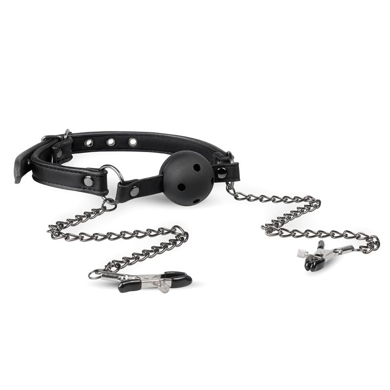 Easytoys Fetish - Offener Ballknebel mit Nippelklemmen