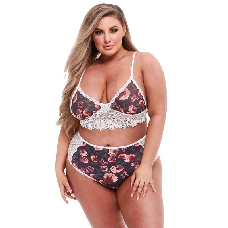 BACI LINGERIE ? BH-Set mit Grauem Blumenmuster & Spitze ? White Label ? Queen Size