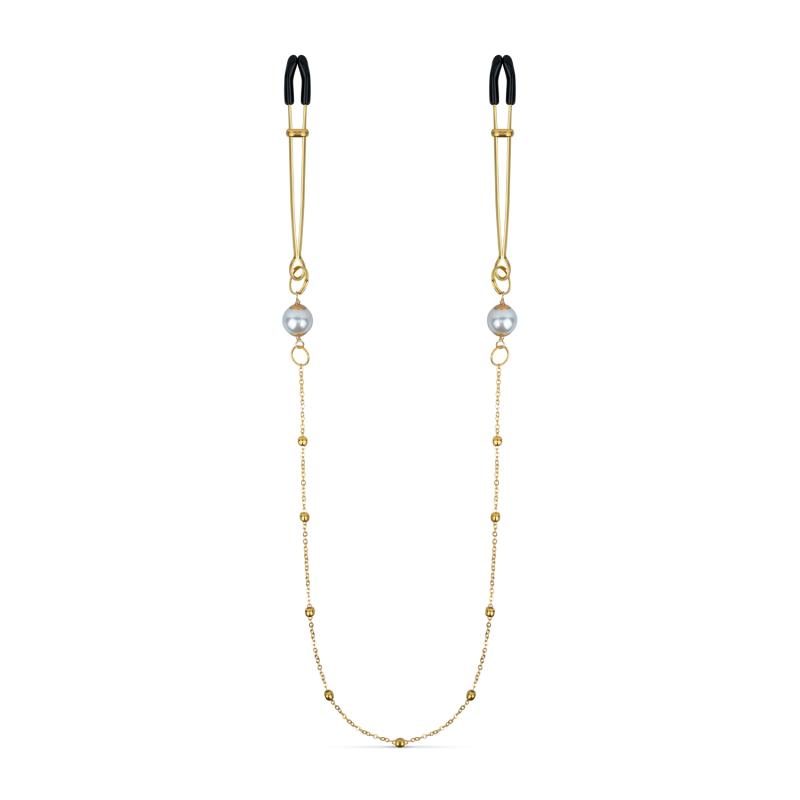 Goldene Brustwarzenklemmen mit Kette und Perlen