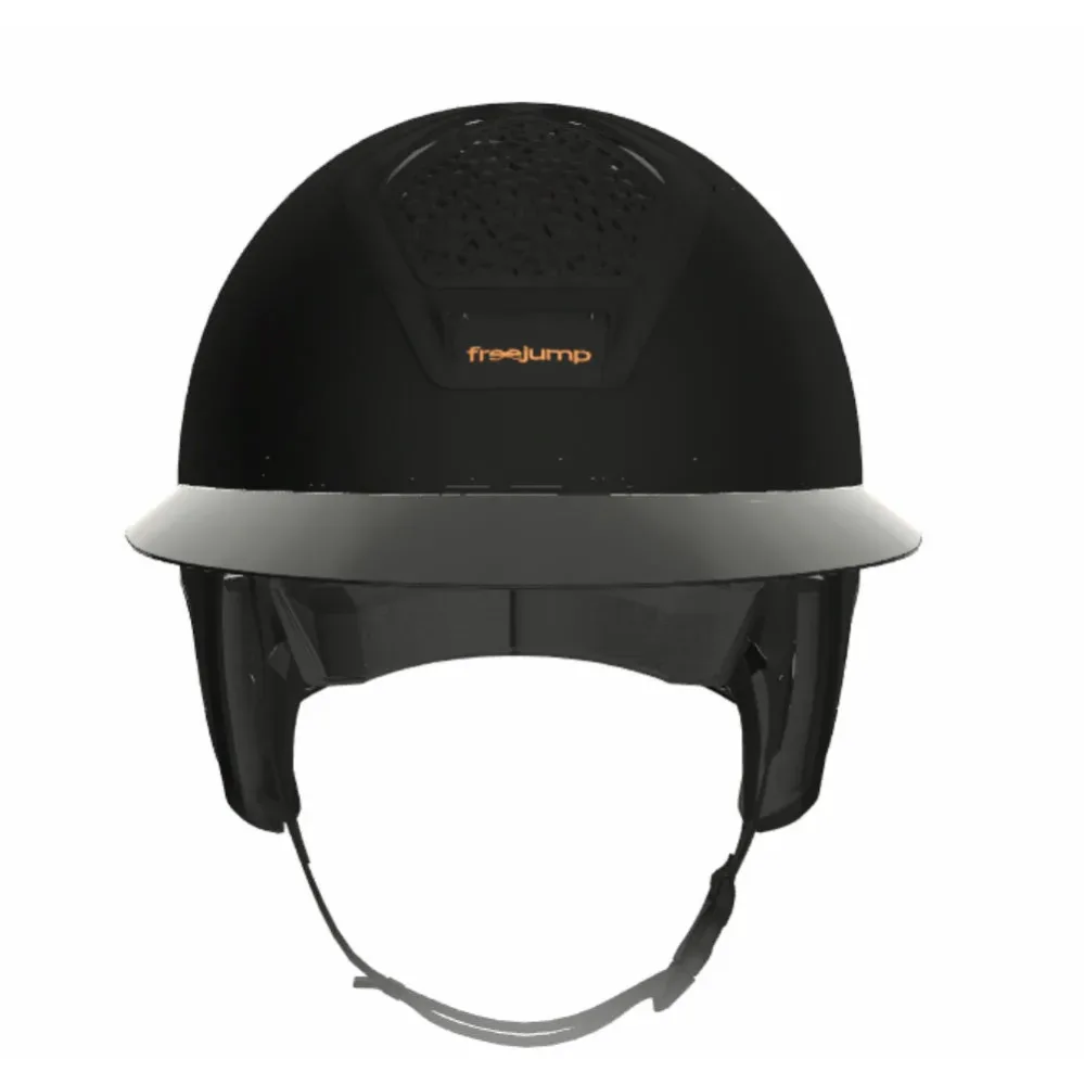 Freejump Vorono Reithelm Carbon Fullblack mit breitem Visier in Glossy, mit Schläfenschutz