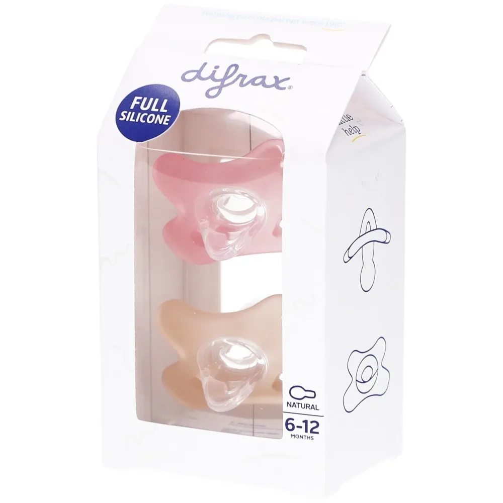 Difrax Silikonschnuller 6-12M Natural Fit - 2er-Set haltbare Sauger - Himbeer-Karamell