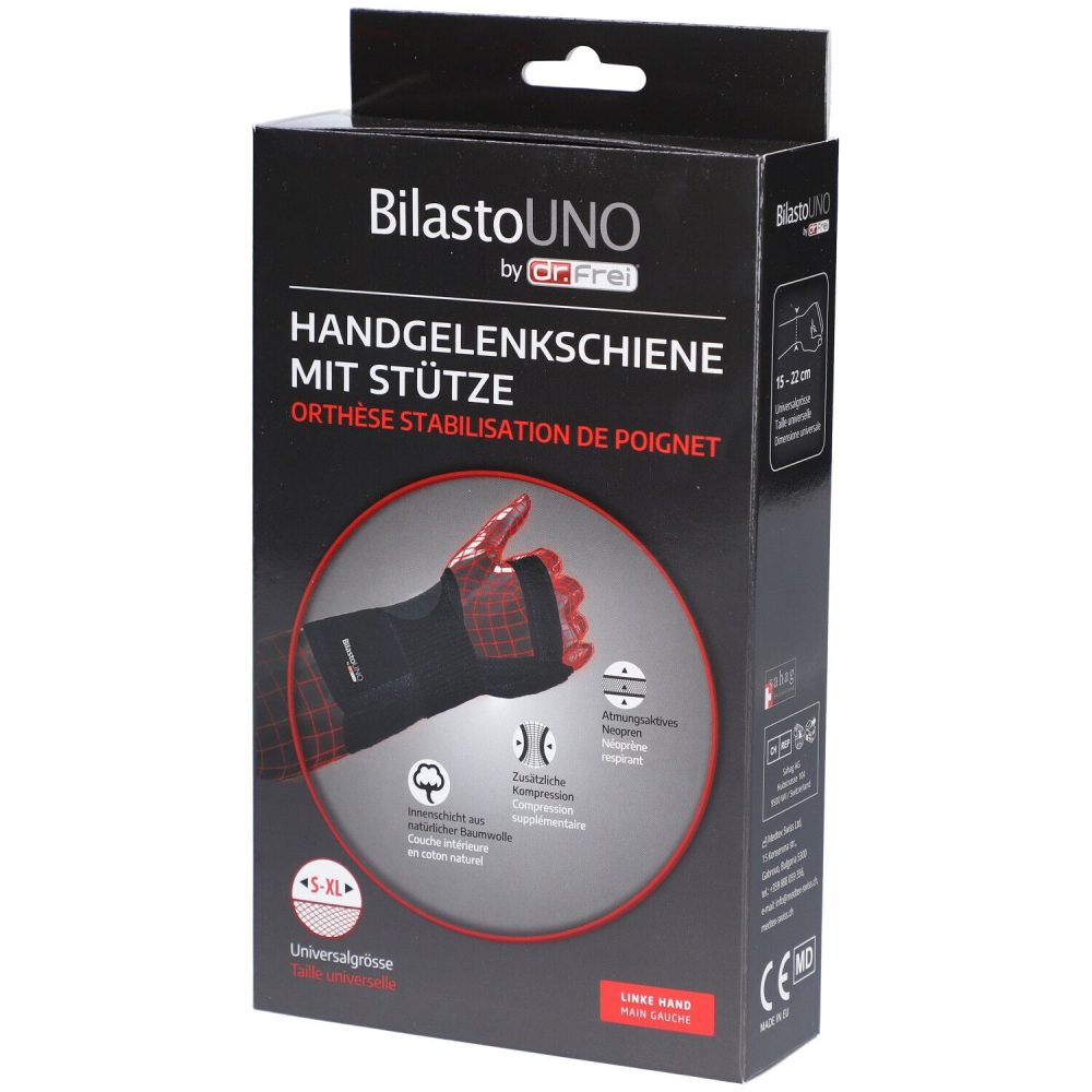 Bilasto Uno Handgelenkschiene S-XL links mit Stütze und Velcro (1 Stück)