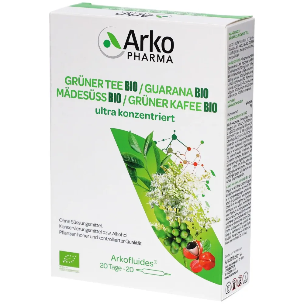 ARKOFLUIDE Grüner Tee-Grüner Kaffee-Guarana-Mädesüss Bio Trinkampullen (20 Stk)
