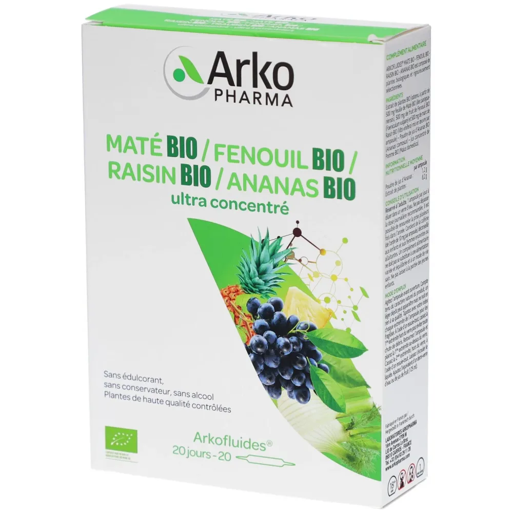 ARKOFLUIDE Ananas-Mate-Fenchel-Trauben Bio Trinkampullen (20 Stk)