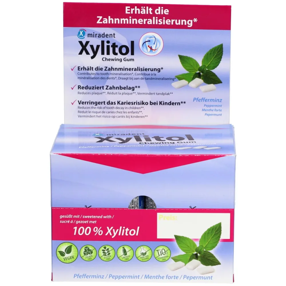 Miradent Xylitol Zahnpflegekaugummi Pfefferminz 12 Dosen à 30 Stück