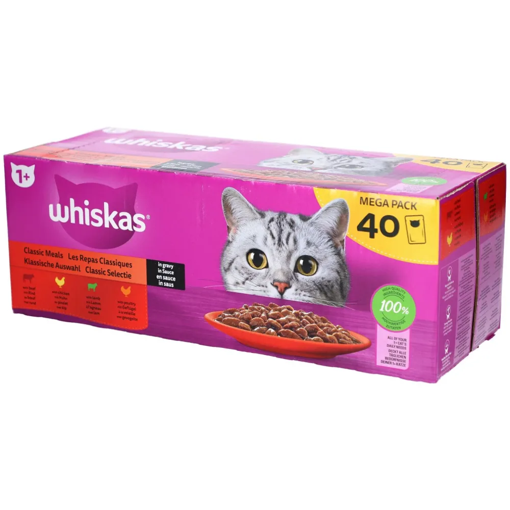 Whiskas Klassische Mahlzeiten - Auswahl an Mahlzeiten in Sauce für ausgewachsene Katzen 1+