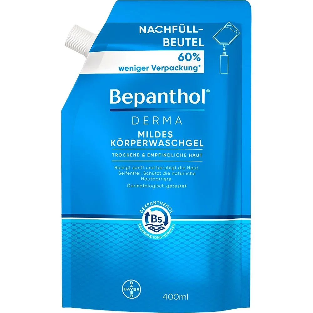Bepanthol® Derma Mildes Körperwaschgel, 400 ml Pumpspender, mildes Duschgel für empfindliche und trockene Haut, dermatologisch getesteter Feuchtigkeitsspender mit Dexpanthenol
