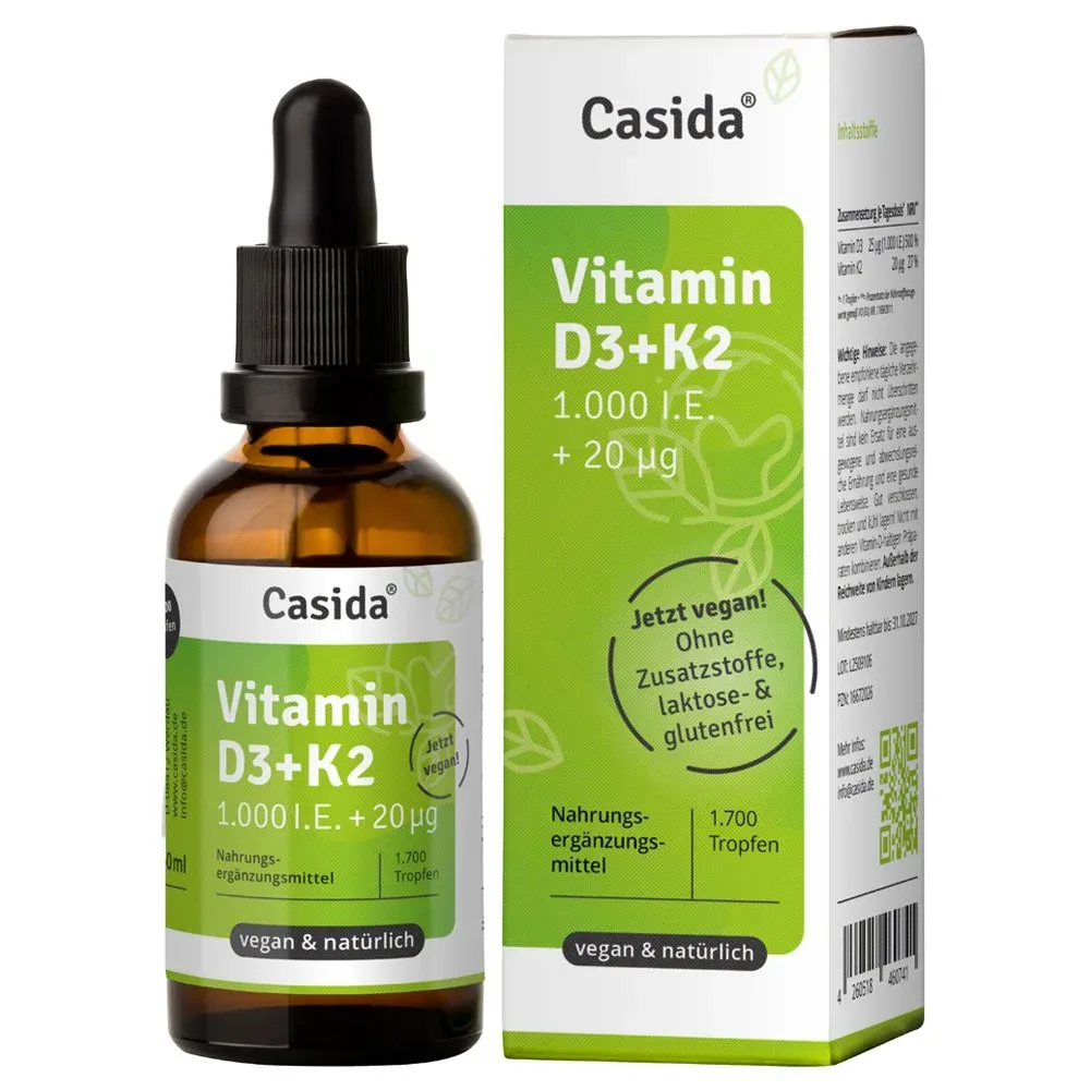 Casida Vitamin D3 K2 Tropfen hochdosiert & vegan - 100% pflanzlich (ohne tierisches Lanolin) ? 1000 I.e. Vitamin D + Vitamin K 20 µg