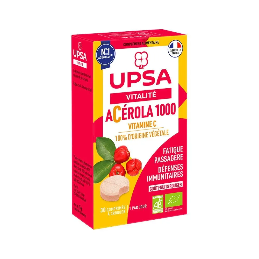 Acerola 1000 BIO Upsa - 30 Kautabletten - Erwachsene - Nahrungsergänzungsmittel, Geschmack nach roten Früchten - Vorübergehende Müdigkeit und Immunabwehr