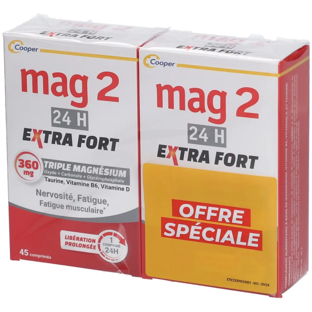 MAG 2 - 24H Extra stark - Anti-Nervosität und Anti-Müdigkeit - Nahrungsergänzungsmittel mit Magnesium, Vitamin B6, Vitamin D und Taurin - 90-Tage-Programm - Lot 2x45 Tabletten