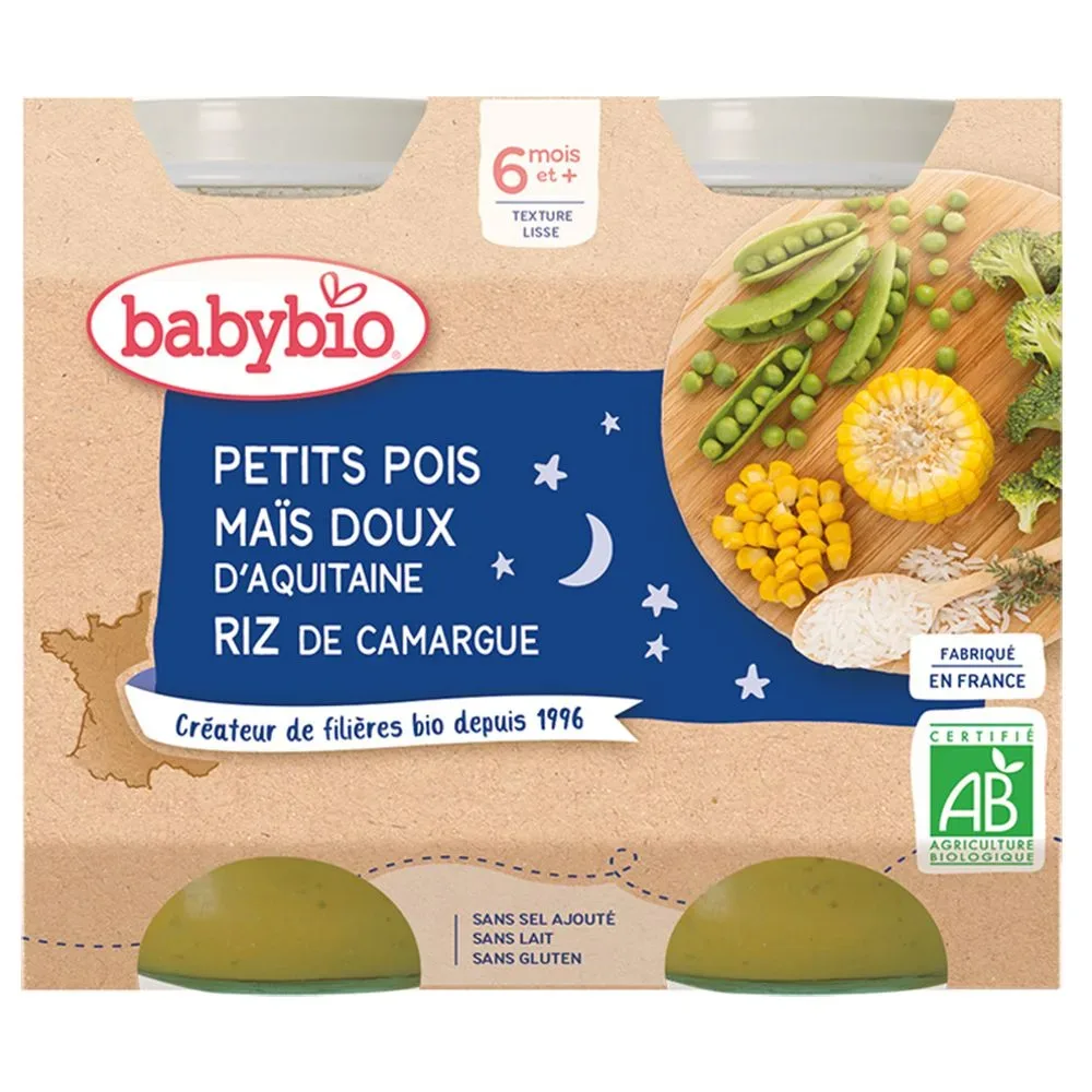 Babybio Kleines Gläschen Erbsen, Zuckermais aus Aquitanien, Reis aus der Camargue