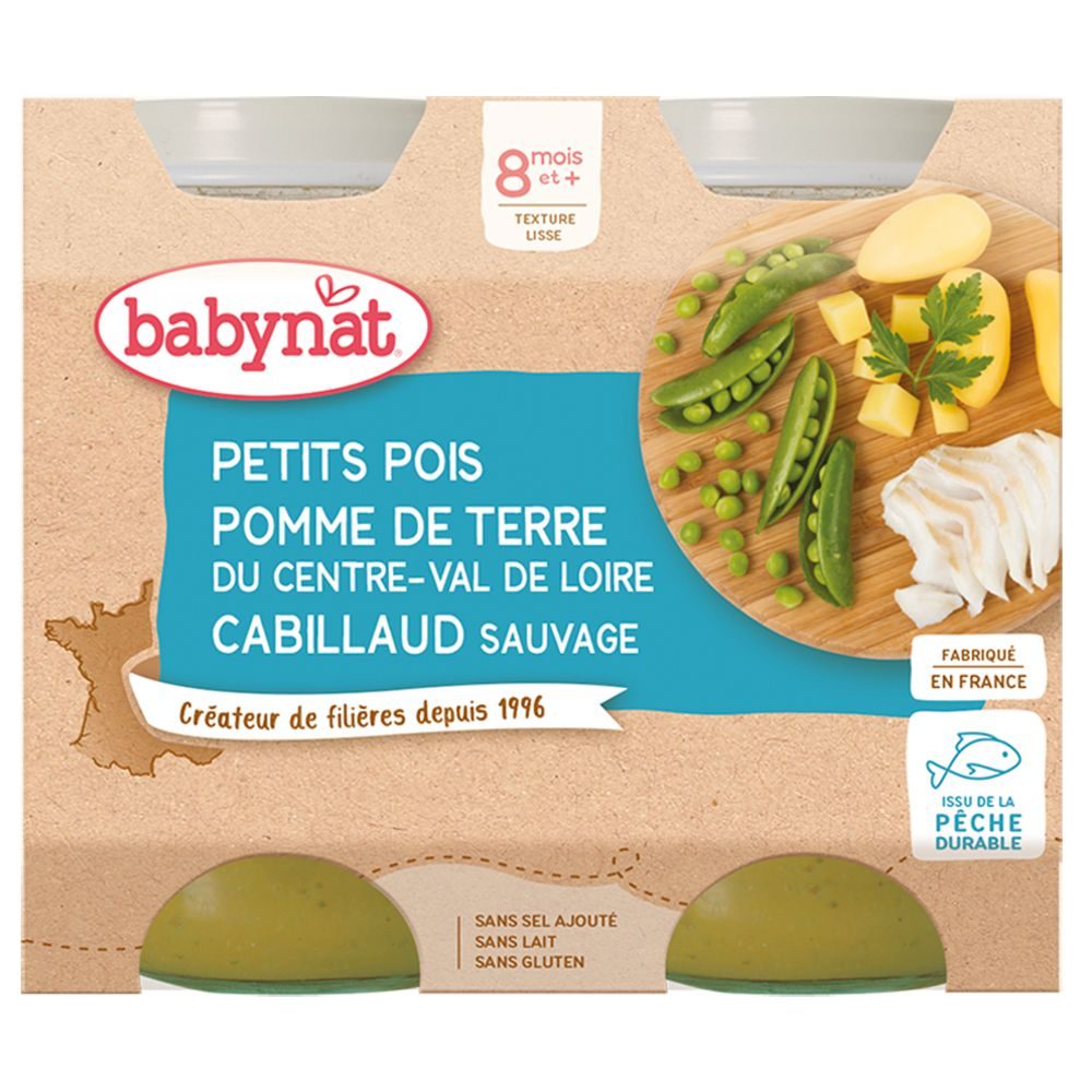 Babybio Petits Pois Pomme DE Terre DU Centre-Val DE Loire Cabillaud Sauvage dès 8 mois
