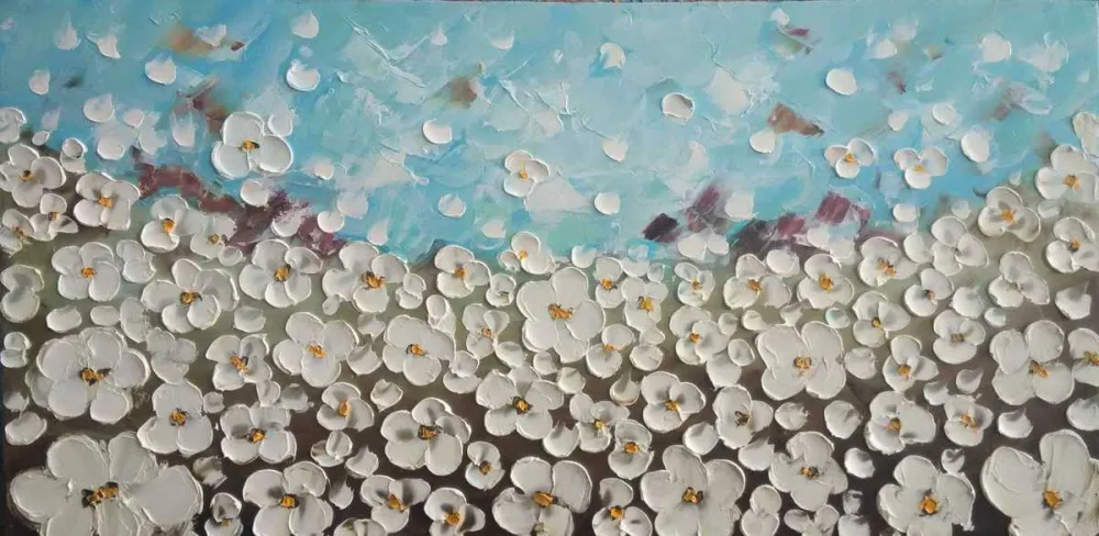 Weisse Blütenwiese – handgemaltes Ölbild auf Leinwand, 100 x 50 cm