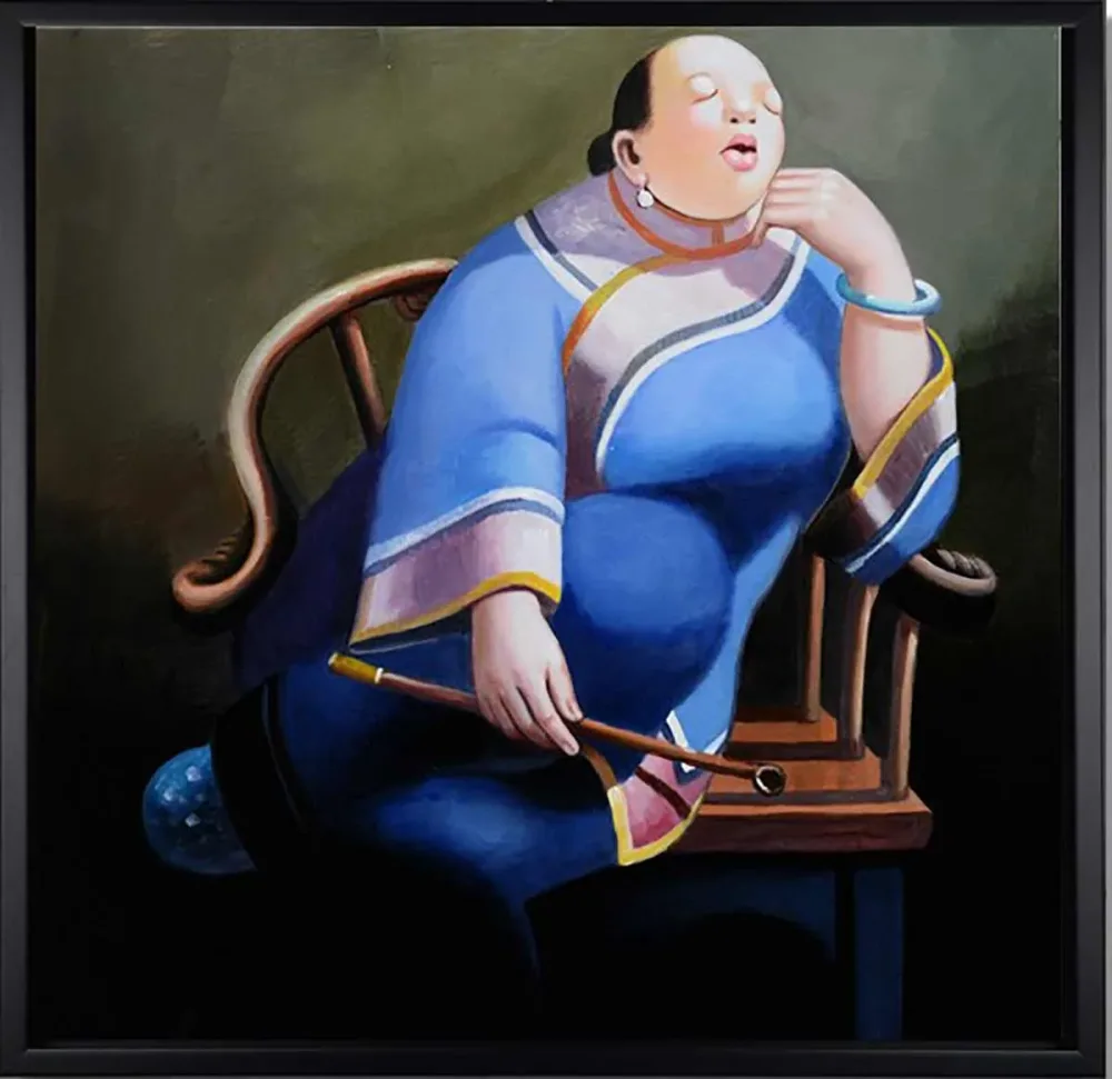 Entspannte Dame in Blau – handgemaltes Ölbild auf Leinwand, 60 x 60 cm