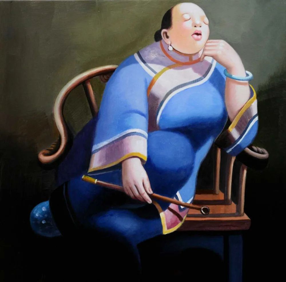 Entspannte Dame in Blau – handgemaltes Ölbild auf Leinwand, 60 x 60 cm